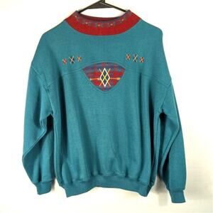 Vintage 62 East Sweatshirt M Embroidered Teal Red Retro Pullover Crewneck 90s